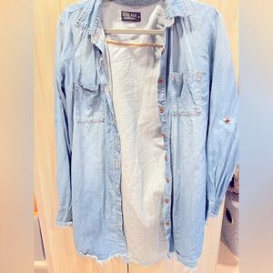 Boutique Denim button down shirt with fringe edge detailing and belt loops